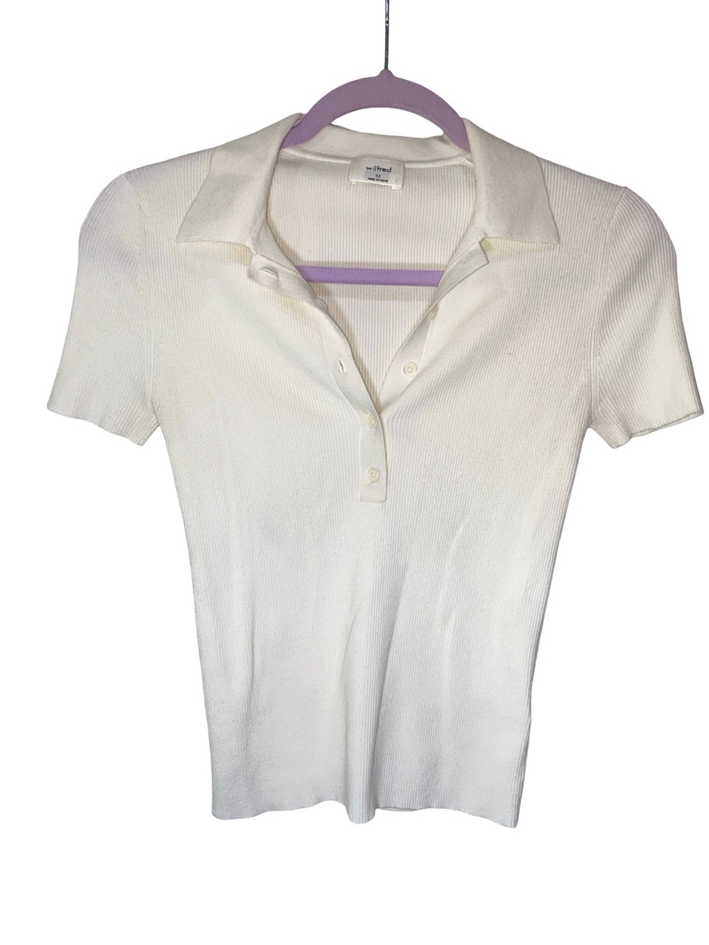 Aritzia Wilfred Ribbed Knit Short Sleeve Polo Top - Off White / Cream - Picture 3 of 6